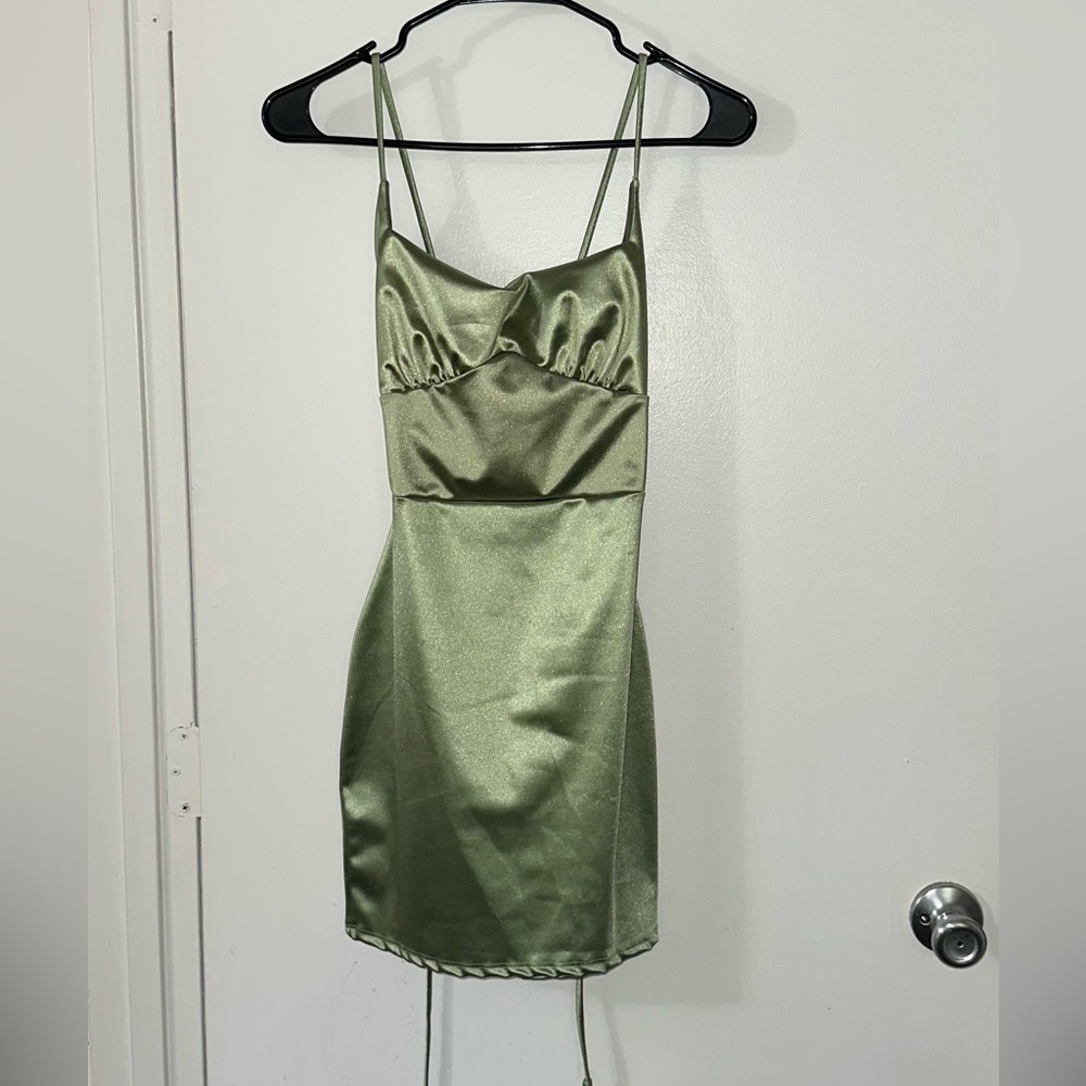 Satin light green, open cross back mini dress